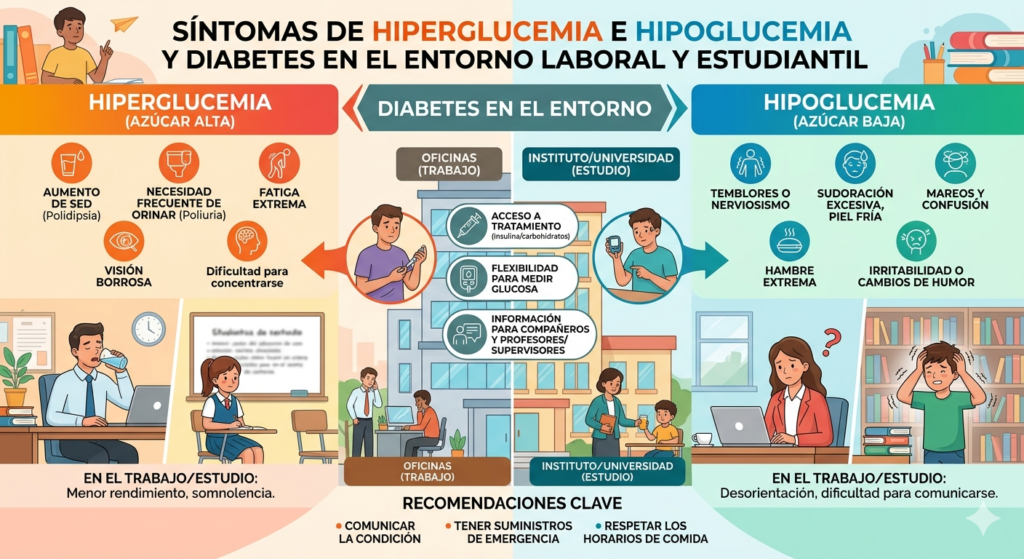 Síntomas de las hiper e hipoglucemias y diabetes en el entorno laboral y estudiantil